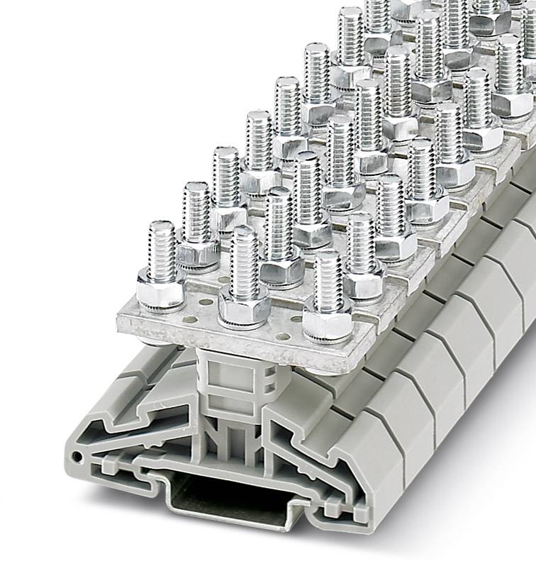 Metallische Klemmenleiste mit mehreren Schraubverbindungen zur Befestigung auf einer grauen Halterung. Verwendet in der Elektroinstallation.