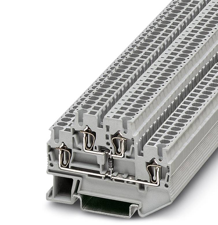 Graue, mehrstöckige Reihenklemme in Nahaufnahme, mit mehreren Anschlussmöglichkeiten für elektrische Leitungen, zeigt technische Details.