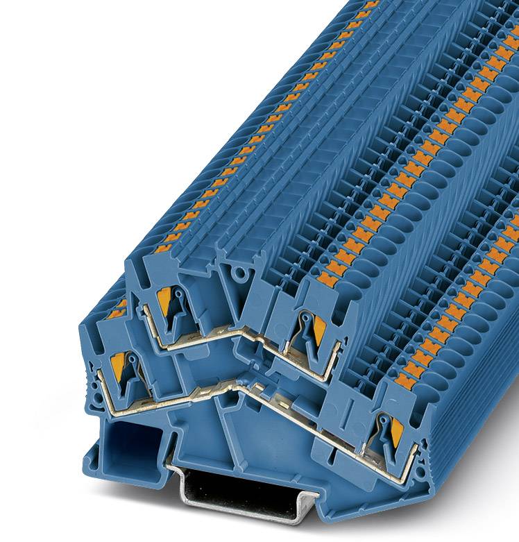 Stapel von blauen Reihenklemmen mit orangenen Verriegelungen in Pyramidenform. Sie sind für elektrische Verdrahtung in Schaltschränken bestimmt.