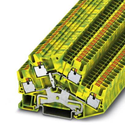 Ein komplexer, gelb-grüner elektrischer Verteilerblock mit mehreren Anschlusspunkten und Schichten, für die industrielle Verkabelung geeignet.