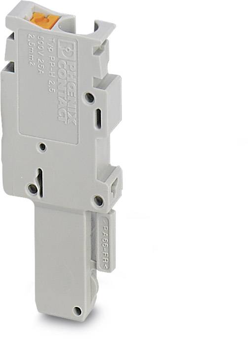 Grauer elektrischer Verteilerblock, Phoenix Contact, seitlich abgebildet. Kanäle und Schlitze sichtbar, geeignet für 500 V, 25 A.