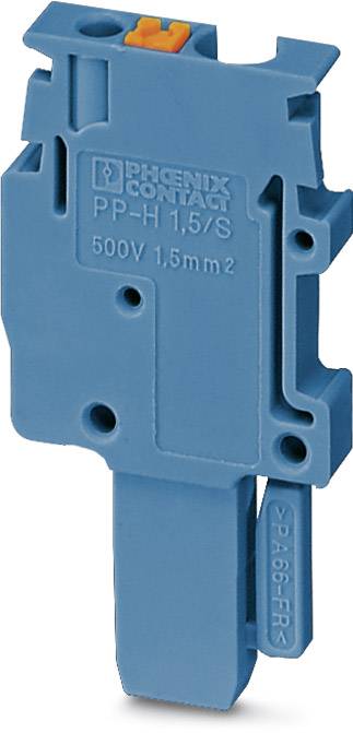 Blaues elektrisches Bauteil mit der Aufschrift 'PHOENIX CONTACT PP-H 1,5/S 500V 1,5mm²', Teil eines Schaltsystems.