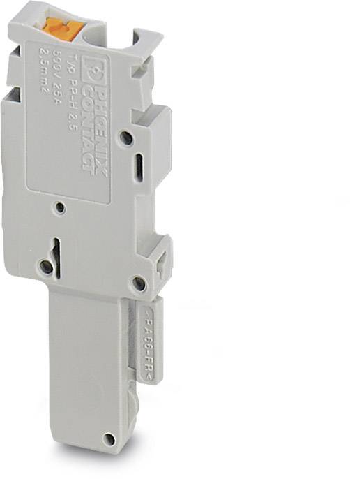 Elektrischer Reihenklemmenadapter in Grau, vertikal ausgerichtet. Geeignet für 500 V und 26 Ampere; kompakt und robust.