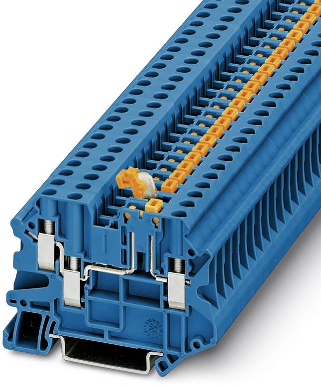 Ein blauer Reihenklemmenblock mit orangenen Verbindungselementen. Er dient zur Verdrahtung in elektrischen Verteilern.