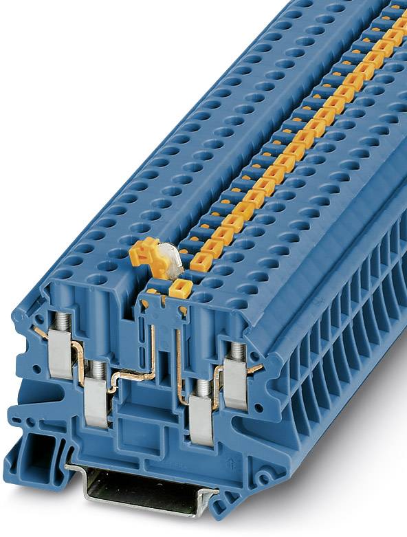 Ein blauer Reihenklemmenblock mit eingebautem orangefarbenem Hebel für elektrische Anschlüsse.