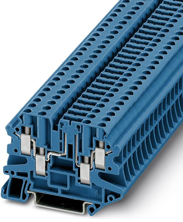 Ein blauer, modulare Reihenklemmenblock zur Verbindung von elektrischen Leitungen. Er hat mehrere Anschlusspunkte.
