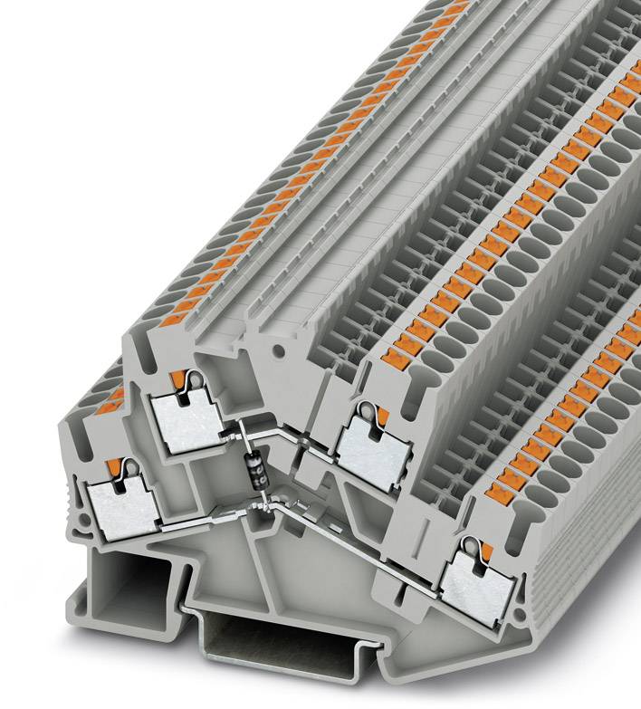 Mehrstöckige Reihenklemme mit grauem Gehäuse und orangenen Übergangspunkten für elektrische Verbindungen, auf einer weißen Fläche.
