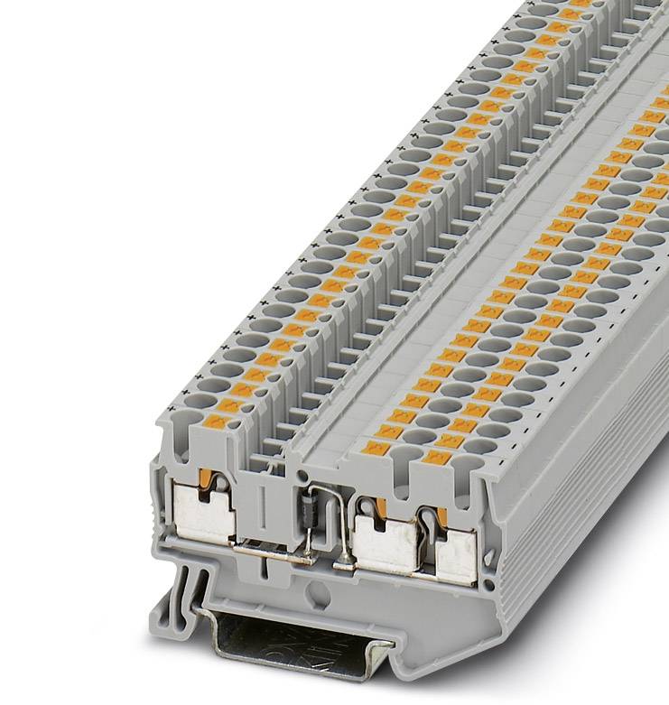 Graues Reihenklemmenblock-Modul mit mehreren Anschlussstellen und orangen Verriegelungselementen für elektrische Schaltschränke.