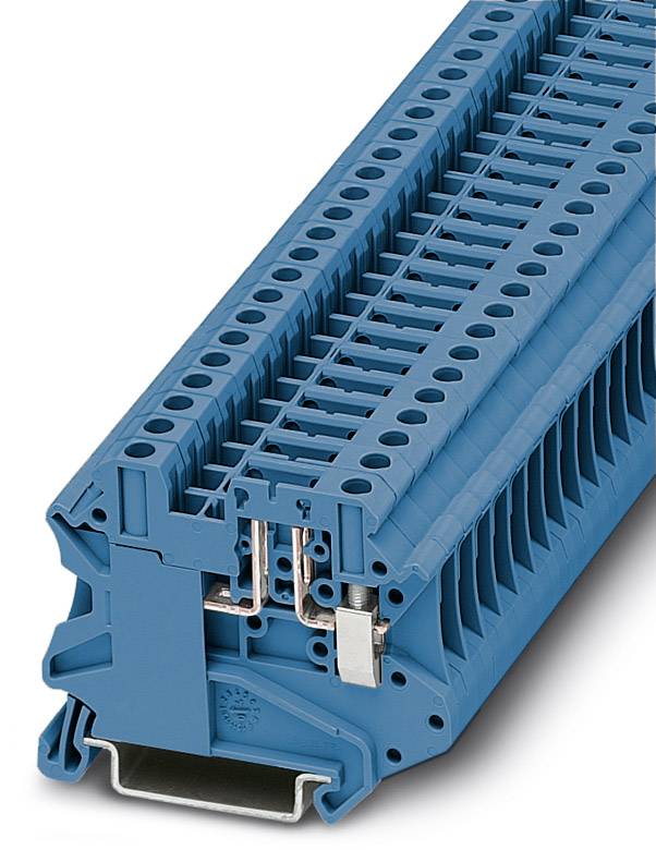 Ein blauer elektrischer Reihenklemmblock mit mehreren Anschlusspunkten, verwendet zur sicheren Verdrahtung in Schaltschrankanwendungen.