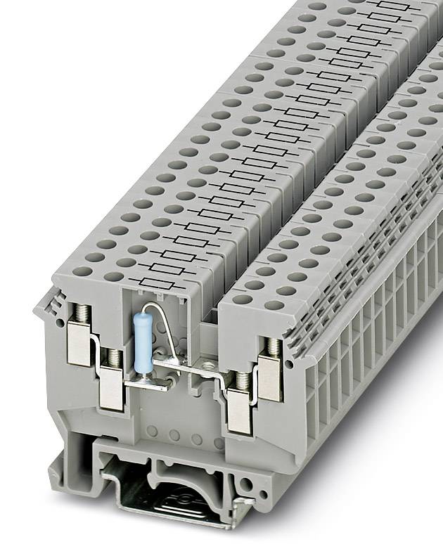 Elektronische Klemmenleiste, gräuliches Gehäuse, zeigt interne Verdrahtung und Steckverbinder. Dient zur festen Montage auf Schalttafeln.