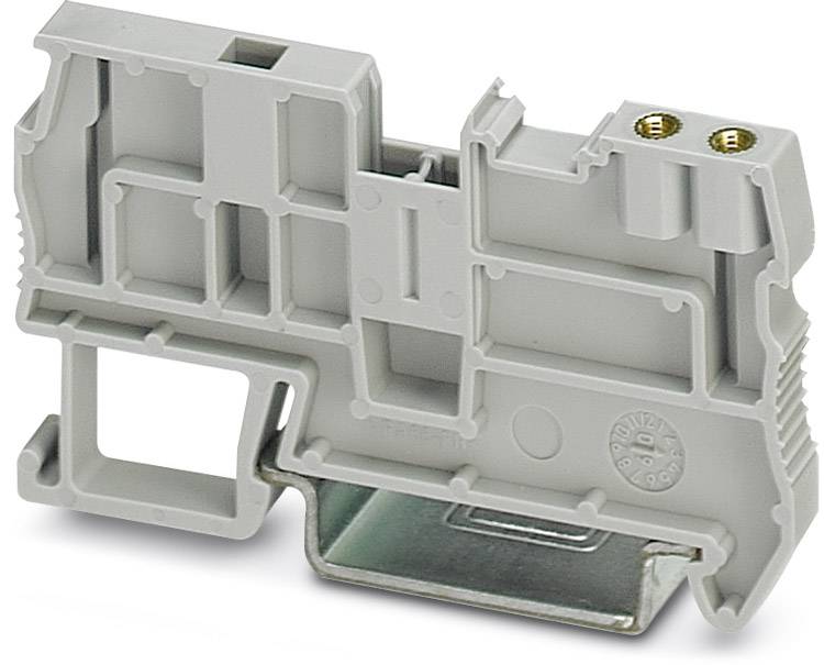 Graues elektrisches Klemmengehäuse mit Metallbefestigung, zwei Schraubanschlüsse oben.