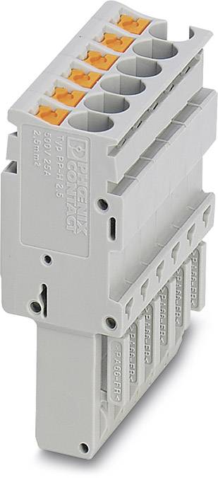 Ein grauer Mehrfachklemmenblock mit orangefarbenen Hebeln, der für elektrische Verbindungen verwendet wird.