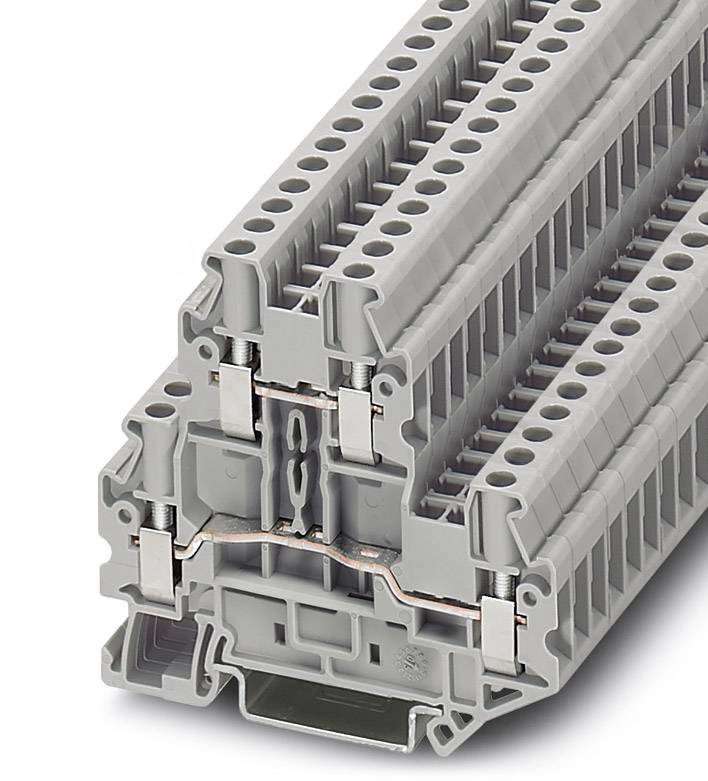 Graue Reihenklemme mit mehreren Verbindungspunkten, geeignet für industrielle Schaltschrankbauanwendungen.