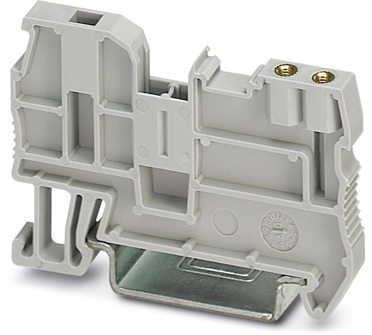 Grauer, plastikfarbener Kabelverbinder mit zwei Schraubanschlüssen auf der Oberseite und metallener Basis.