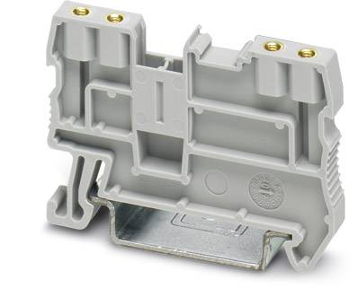 Ein grauer elektrischer Klemmenblock mit zwei oberen Anschlussöffnungen und einem metallischen Halterungsfuß, seitlich betrachtet.