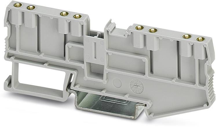Grauer Reihenklemmenblock aus Kunststoff mit mehreren Schraubanschlüssen; zur elektrischen Verbindung in Schaltschränken.