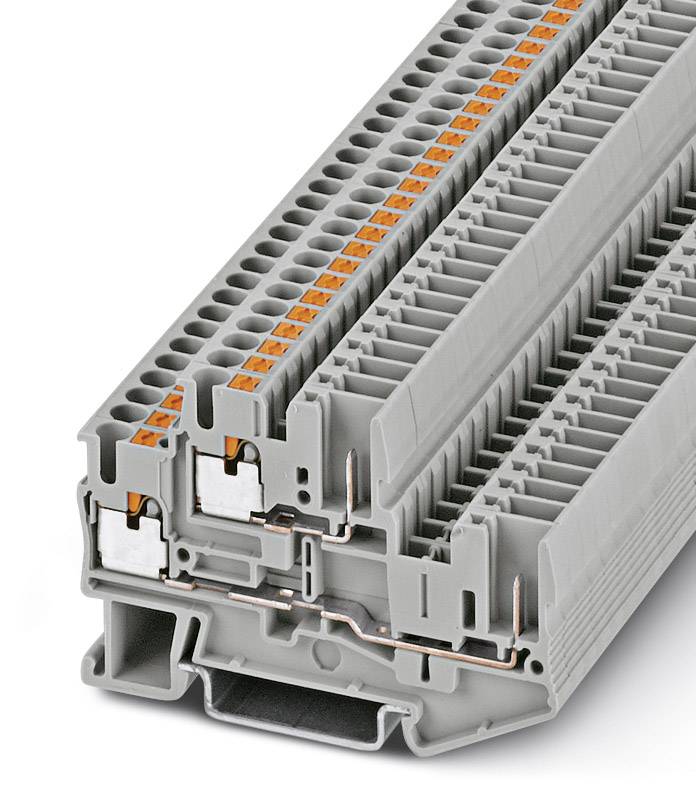 Graue Reihenklemme mit mehreren Anschlüssen für die Verdrahtung in elektrischen Schaltschränken, seitliche Ansicht.