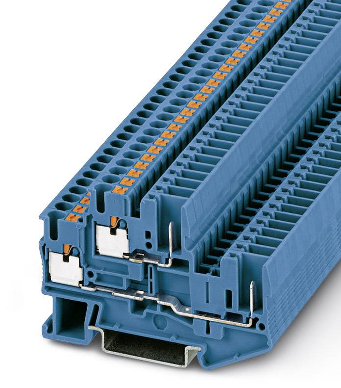 Ein blauer, modularer Reihenklemmenblock, der für elektrische Schaltungen verwendet wird. Er enthält mehrere Anschlussstellen und Clips.