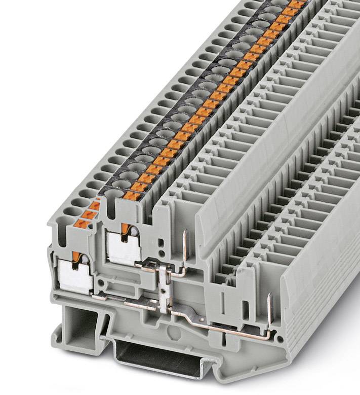 Klemmblock mit grauem Gehäuse und orangenen Elementen innen, verwendet für elektrische Verbindungen in Schaltschränken.