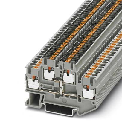 Ein modularer, grauer elektrischer Klemmenblock mit mehreren Lagen und orangefarbenen Hebeln zur Kabelbefestigung.