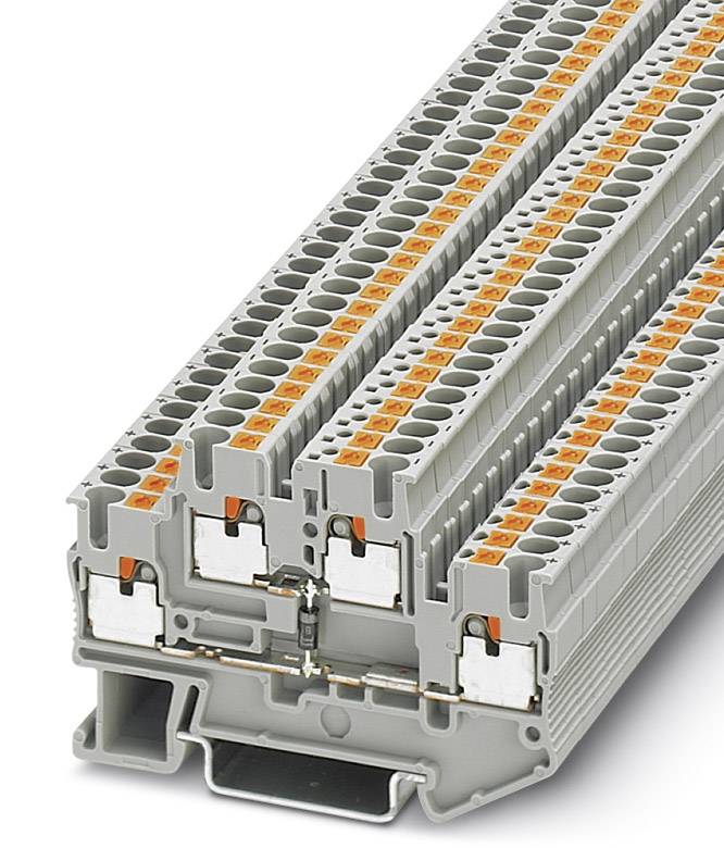 Graue Reihenklemmen mit mehreren Anschlussstellen, farblich markiert in Orange, zur Verwendung in elektrischen Schaltschränken.