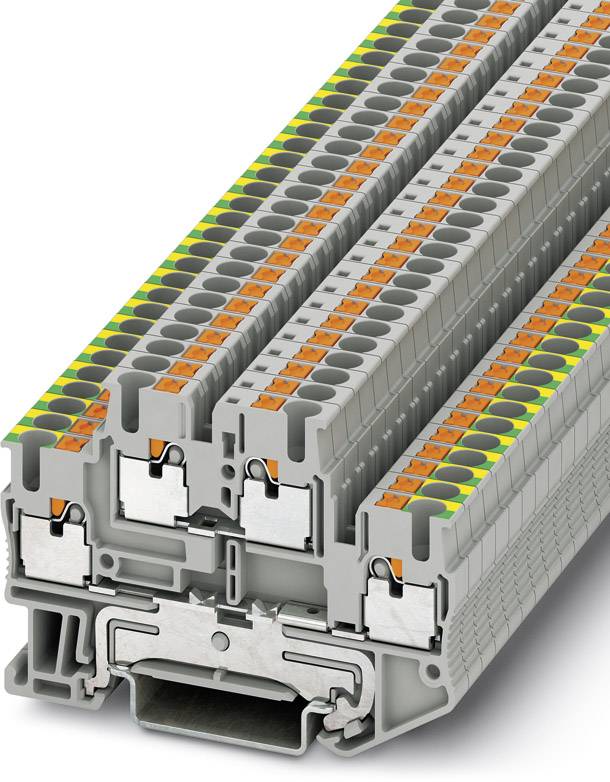 Abbildung eines grauen elektrischen Reihenklemmenblocks mit mehreren Ebenen für die Leiterbefestigung. Oberseite mit orangenen und grünen Einsätzen.