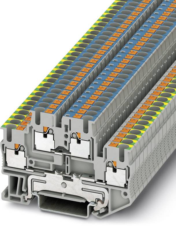 Nahaufnahme eines mehrstöckigen Reihenklemmensystems mit farbcodierten Anschlüssen, die eine präzise Verdrahtung ermöglichen.