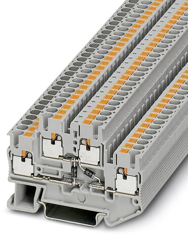 Mehrstöckige Reihenklemme auf einer Hutschiene montiert, mit orangen Drückern für den Leiteranschluss, geeignet für industrielle Anwendungen.