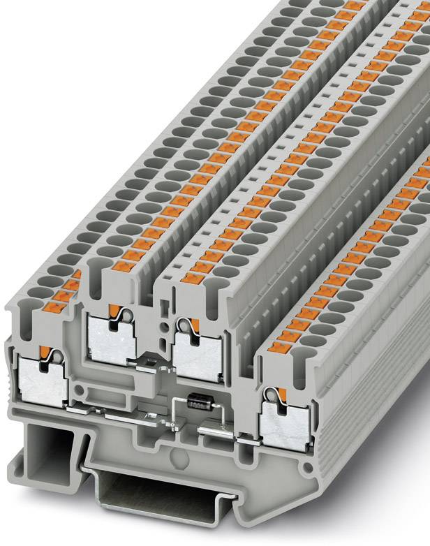 Klemmenblock mit mehreren Ebenen und orangefarbenen Anschlüssen, zur Verbindung elektrischer Leiter, in einem grauen Gehäuse.