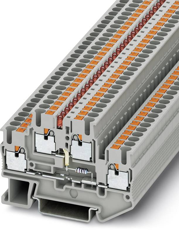 Graue Klemmenleiste mit mehreren Reihen von orangefarbenen Klemmen, die eine elektrische Verbindung ermöglichen.