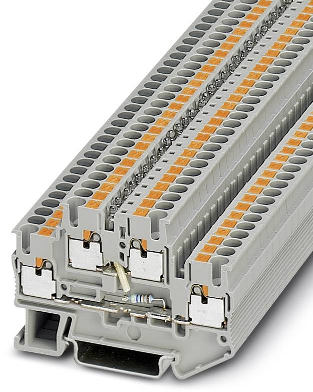 Ein grauer Reihenklemmenblock mit orangenen Hebeln, für elektrische Verbindungen. Sichtbar sind mehrere Anschlussstellen und ein Widerstand.