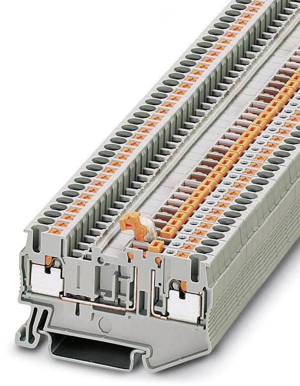 Graue Reihenklemme mit mehreren orangefarbenen Anschlussstellen und einem Hebelmechanismus zur Verdrahtung in elektrischen Schalttafeln.