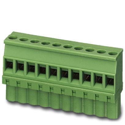 Grüne Steckklemme mit acht Anschlüssen, für elektrische Verdrahtung, zeigt Öffnungen an Oberseite und Steckplätze an Vorderseite.