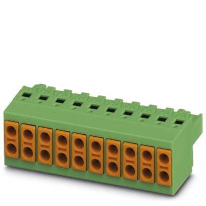 Grüner elektrischer Steckverbinder mit zehn orangefarbenen Buchsen in zwei Reihen. Geeignet für Elektroinstallationen.