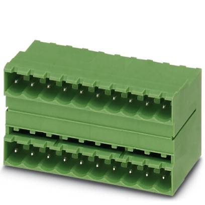 Ein grüner elektrischer Steckverbinder mit zwei Ebenen, jeweils mit acht Anschlüssen.