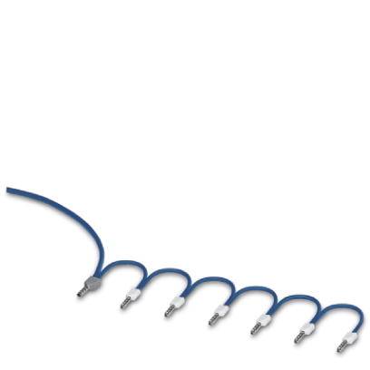Ein blaues Kabel, das sich in acht kleinere Kabel aufteilt. Jedes dieser kleineren Kabel besitzt einen Anschluss am Ende.