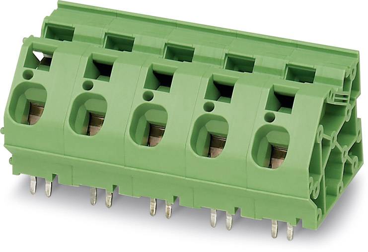 Grüner Steckverbinder mit fünf Anschlüssen, geeignet für Leiterplattenmontage.
