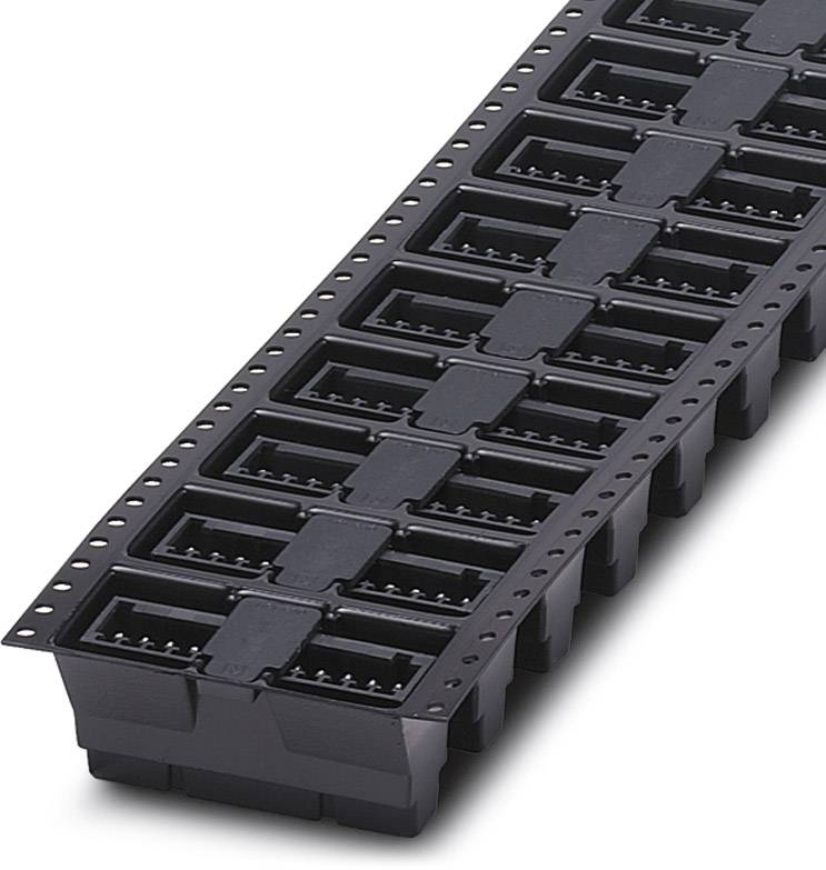 Schwarze Kunststoff-Steckverbinder in einer Reihe, häufig verwendet für elektronische Anwendungen; zeigt Standardgröße und -form.