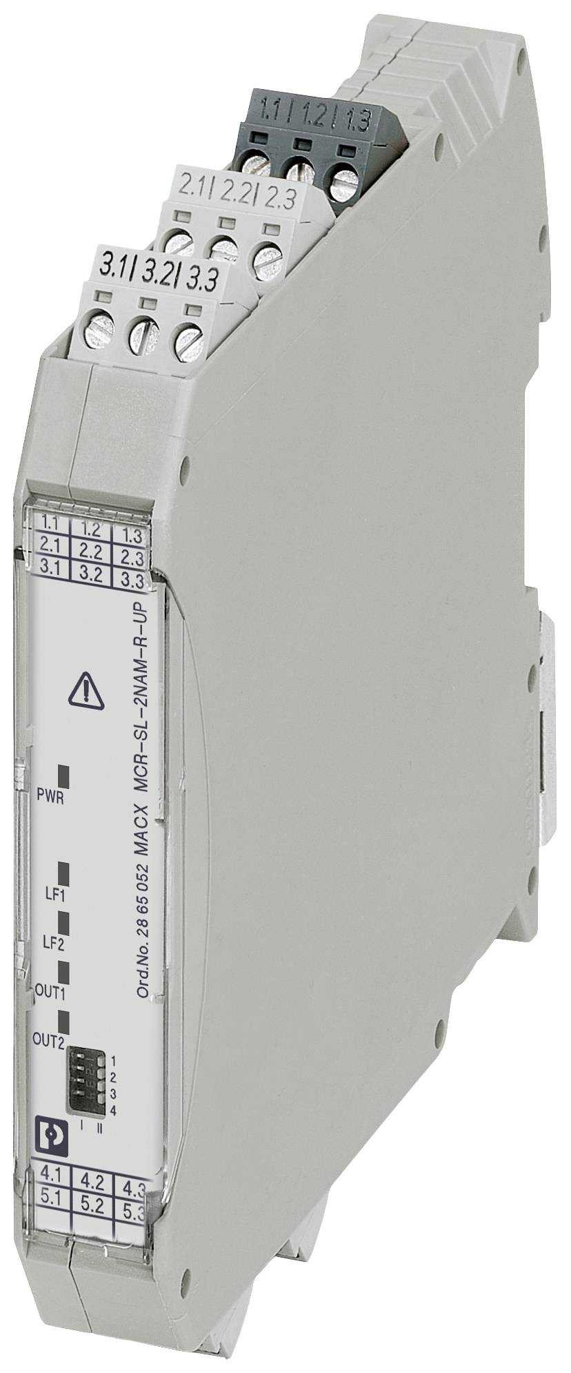 Ein graues elektrisches Relaismodul mit mehreren Klemmanschlüssen oben. Beschriftungen und Symbole an der Vorderseite für Steuerung.