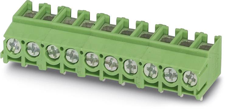 Grüne Schraubklemme mit acht Anschlüssen, verwendet in elektrischen Schaltungen zum sicheren Verbinden von Drähten.