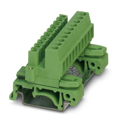 Ein grüner elektrischer Steckverbinder mit mehreren Anschlüssen, montiert auf einem Metallclip. Geeignet für industrielle Anwendungen.
