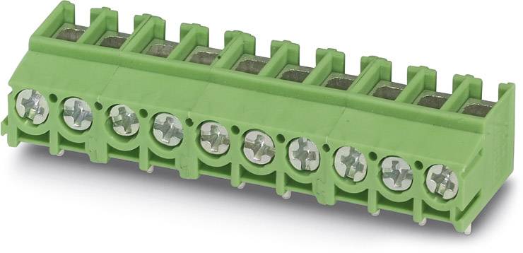 Grüner Steckverbinder mit acht Schraubklemmen für elektrische Verbindungen, geeignet für Leiterplattenmontage.