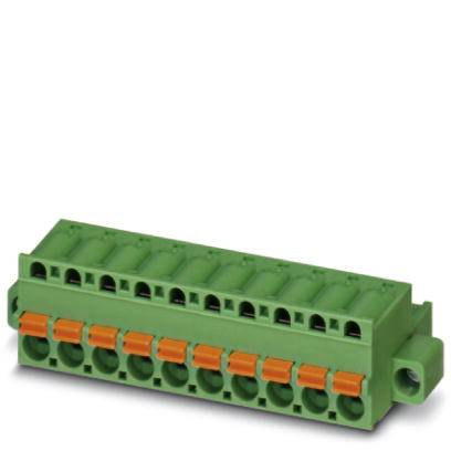 Grüner elektrischer Steckverbinder mit zehn Steckplätzen und orangen Klemmen auf einer Seite.