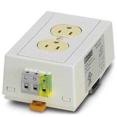 Ein elektrisches Anschlussgerät mit zwei Steckdosen. Es hat Anschlüsse für Phase (L), Neutralleiter (N) und Erde (Erdungssymbol).