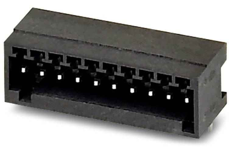 Ein rechteckiger Kunststoffstecker mit zwei Reihen von kleinen Metallkontakten.