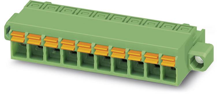 Grüner elektronischer Steckverbinder mit zehn orangefarbenen Klemmstellen, für die Verbindung von elektrischen Leitungen.