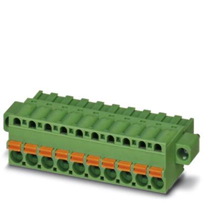 Grüner Steckverbinder mit orangenen Entriegelungselementen, mehrreihig angeordnet, zur elektrischen Verbindung von Kabeln geeignet.