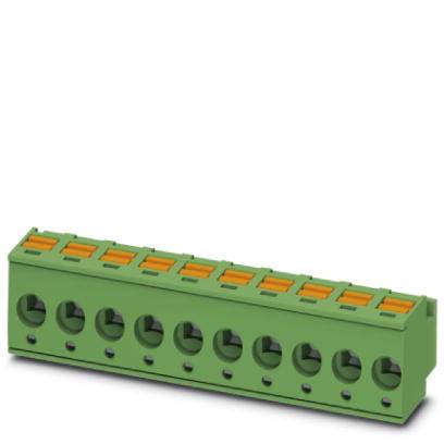 Grüner elektrischer Steckverbinder mit orangen Klemmen, geeignet für Verdrahtungsarbeiten, acht Anschlussöffnungen sichtbar.