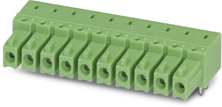 Grüne, zehnpolige Schraubklemme, meist in elektronischen Schaltungen verwendet, um Drähte sicher zu verbinden.