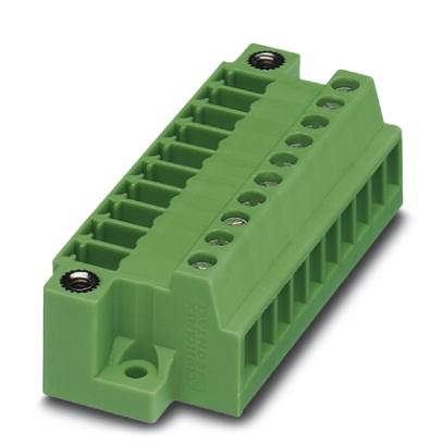 Grüner Steckverbinder mit mehreren Anschlüssen und Schraubbefestigungen, geeignet für elektrische Verbindungen in der Elektronik.
